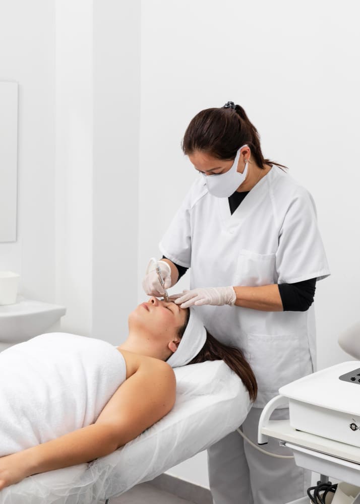 A dermatologist and patient engaged in a consultation, focusing on personalized skin care solutions and available dermatological treatments.