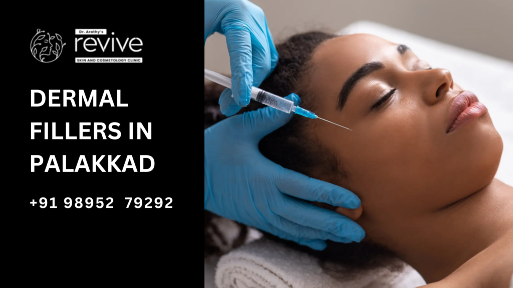 A woman receiving dermal filler treatment at Revive Skin and Cosmetology Clinic in Palakkad. The professional injects dermal filler into the cheek area to restore volume and smooth wrinkles.