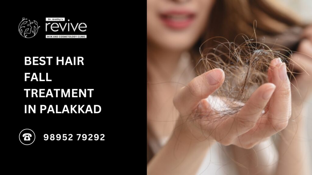 A professional dermatologist examining a patient’s scalp at Revive Skin & Cosmetology Clinic in Palakkad, offering advanced hair fall treatments such as PRP therapy, mesotherapy, and laser therapy for effective hair restoration.