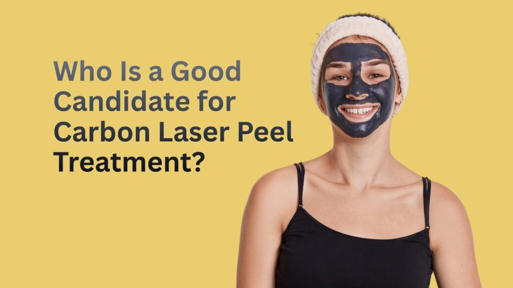 Woman with carbon mask on face representing carbon laser peel treatment for skin rejuvenation
