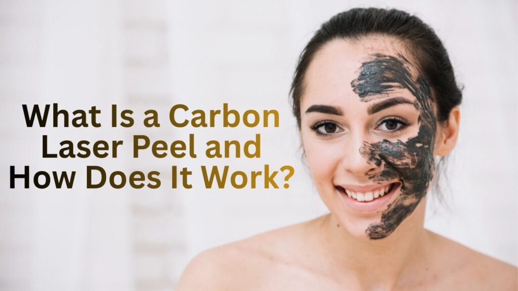 Woman with carbon mask applied on face during carbon laser peel treatment demonstration.