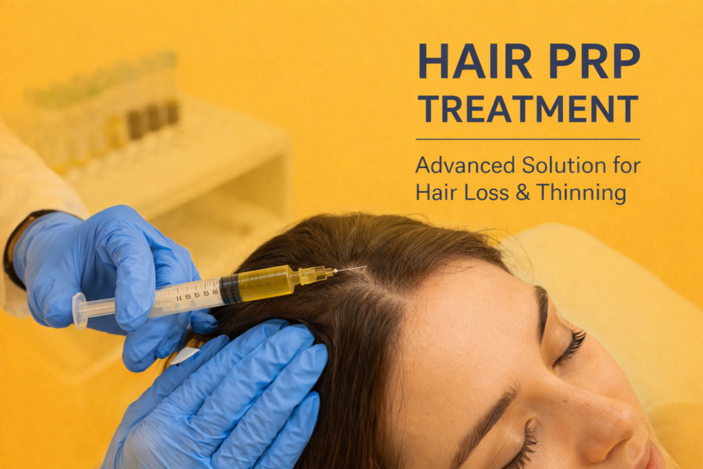 Who Is a Good Candidate for PRP Treatment – PRP treatment for hair showing scalp injection therapy for hair loss and thinning with golden background