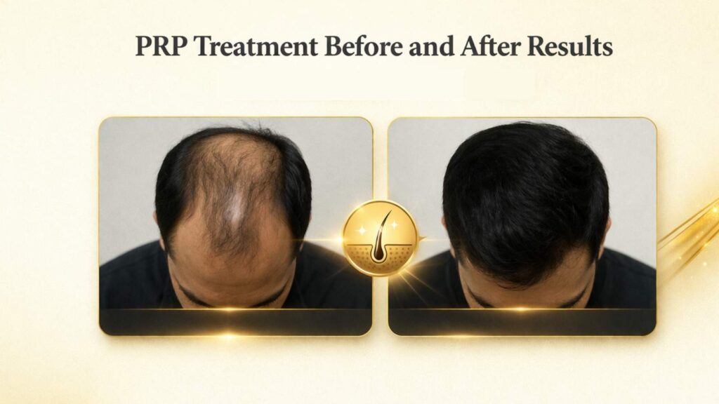 PRP treatment before and after results showing hair regrowth improvement