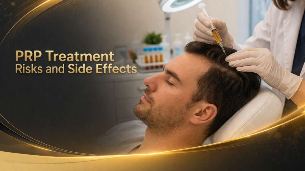 Doctor administering PRP hair treatment on a male patient highlighting risks and side effects
