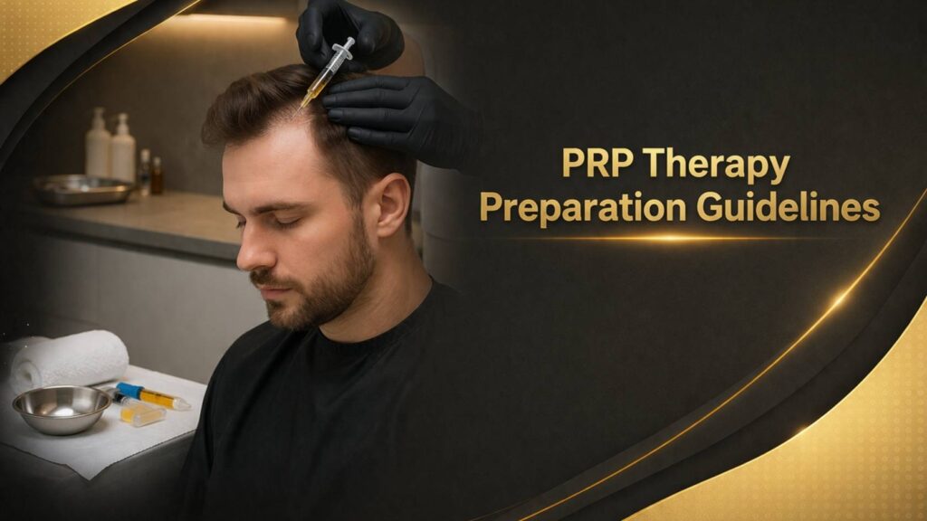 Doctor performing PRP therapy on scalp with preparation guidelines for treatment