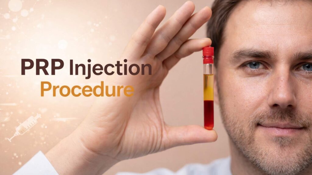 Doctor holding a test tube of platelet rich plasma representing the PRP injection procedure