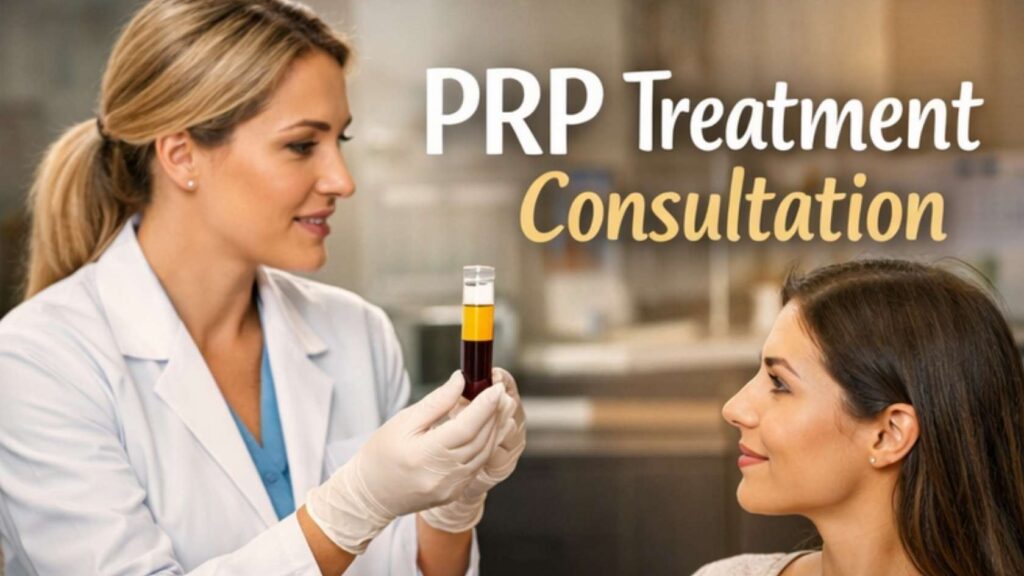 PRP treatment consultation where a doctor shows platelet rich plasma sample to a female patient in a clinic