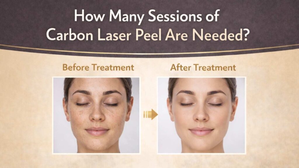 Before and after comparison of a woman’s face showing improvement after carbon laser peel treatment
