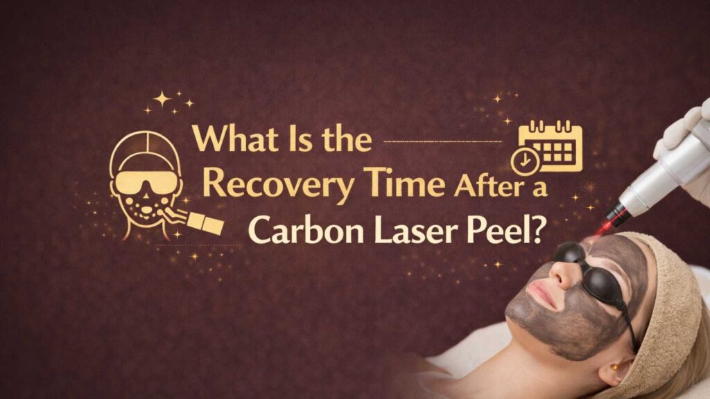 Woman receiving carbon laser peel treatment with protective goggles and laser device, with text about recovery time