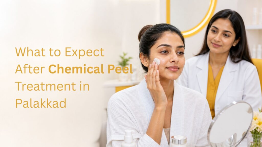 What to Expect After Chemical Peel Treatment in Palakkad showing post-treatment skincare recovery and moisturizer application in a dermatology clinic