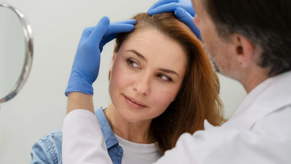 Dermatologist examining a woman’s scalp and hair thinning during a clinical consultation for excessive hair fall — Reasons-for-Excessive-Hair-Fall