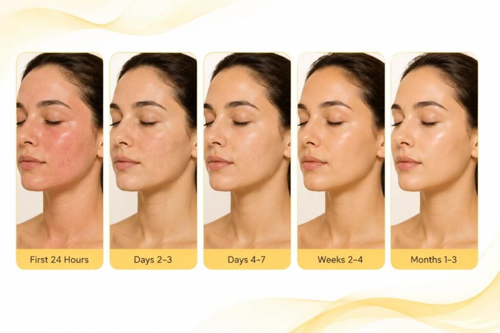 Microneedling Before and After recovery timeline illustration showing skin healing progress from the first 24 hours through 3 months, highlighting visible improvements in texture, brightness, and collagen development.