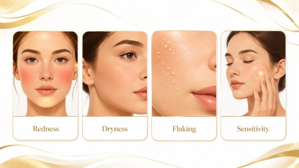 Microneedling Recovery Time illustration showing common healing side effects including redness, dryness, flaking, and skin sensitivity during the recovery process.