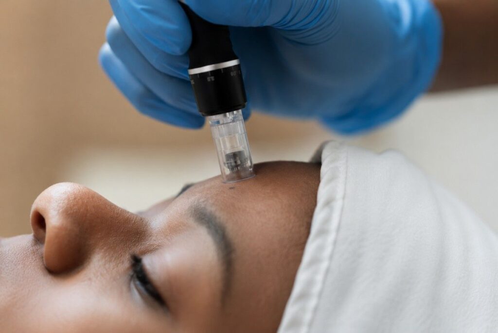 Microneedling Recovery Time treatment showing a dermatologist performing microneedling on the forehead during a skin rejuvenation procedure