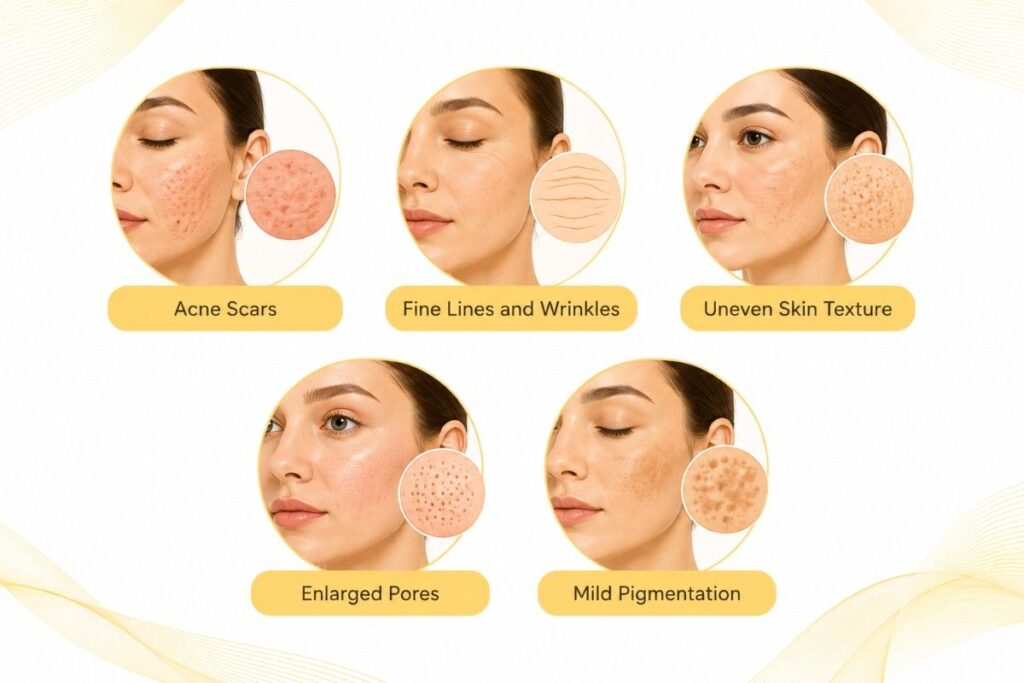 Microneedling Before and After illustration showing common skin concerns including acne scars, fine lines and wrinkles, uneven skin texture, enlarged pores, and mild pigmentation that may improve with collagen-stimulating treatments.
