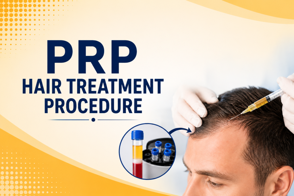 PRP Hair Treatment Procedure showing platelet-rich plasma preparation and scalp injection for hair restoration.