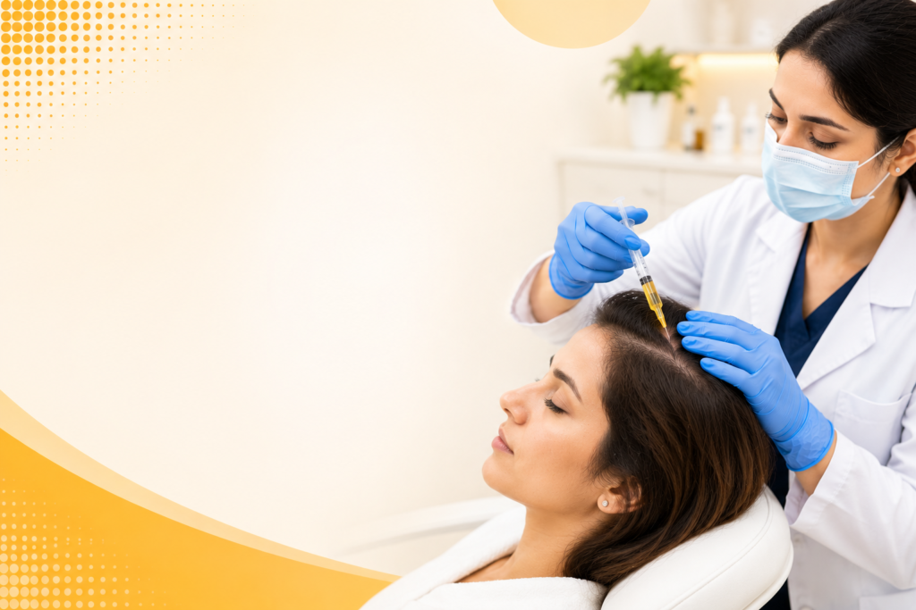 Female patient receiving PRP hair treatment from a healthcare professional in a modern clinic setting.