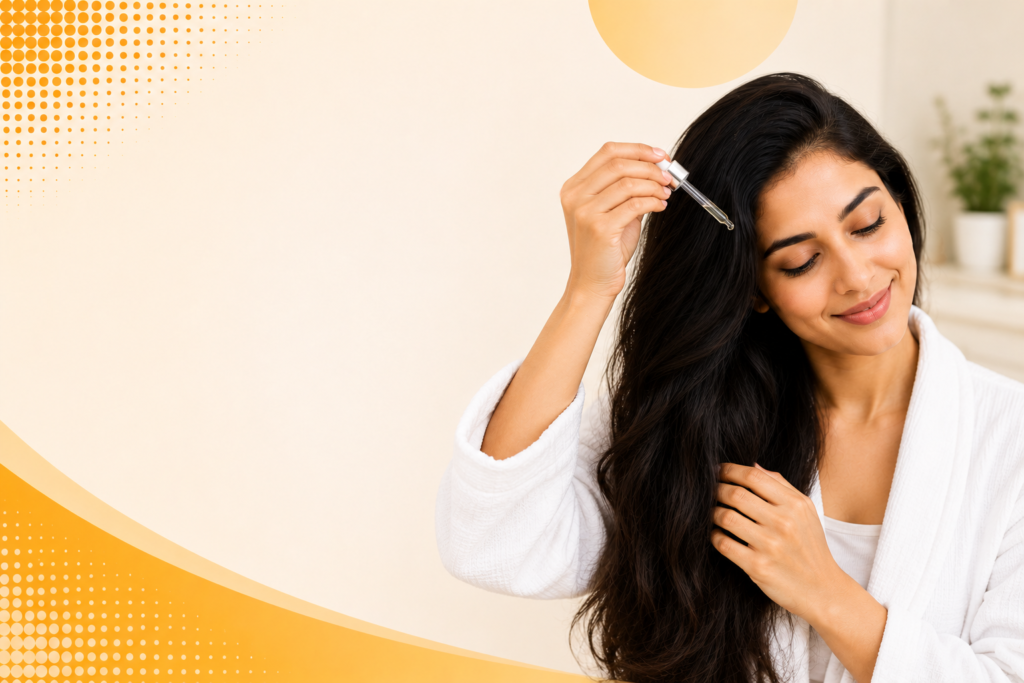 Woman applying natural hair serum to her scalp as part of a hair fall prevention routine