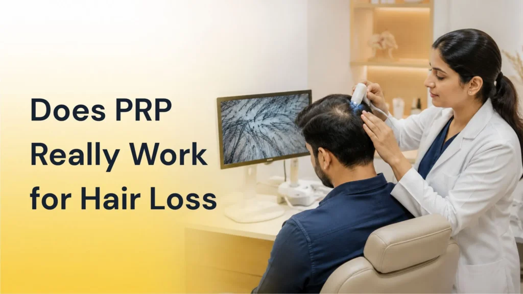 Does PRP Really Work for Hair Loss? Dermatologist performing a scalp analysis during a PRP hair treatment consultation to assess hair thinning and treatment suitability.