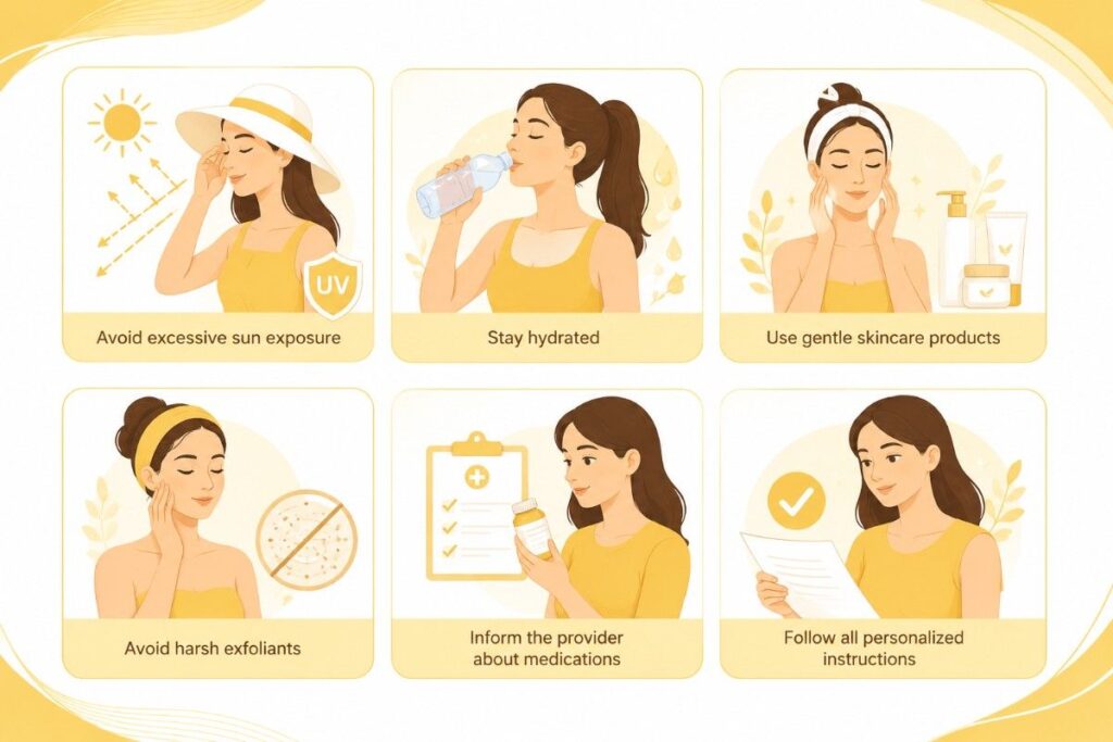 Microneedling Procedure illustration showing essential pre- and post-treatment care tips, including hydration, sun protection, gentle skincare, medication disclosure, and following personalized instructions.