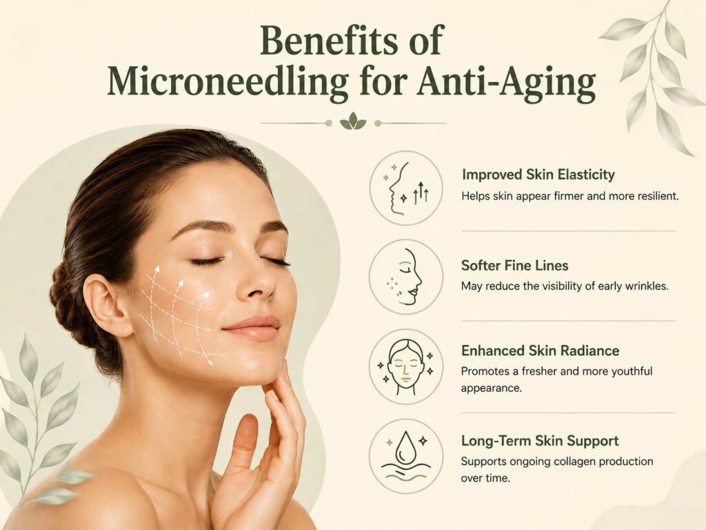 Benefits of Microneedling for Anti-Aging showing improved skin elasticity, reduced fine lines, enhanced radiance, and long-term collagen support