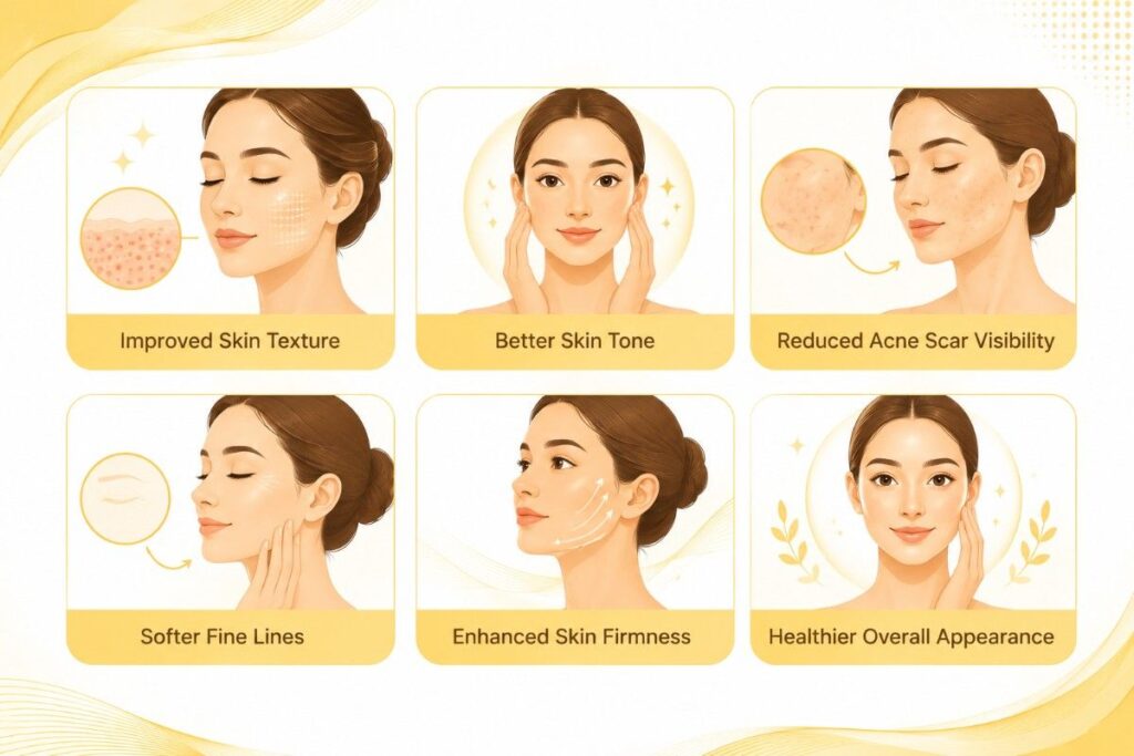 Microneedling Procedure benefits infographic illustrating improved skin texture, better skin tone, reduced acne scar visibility, softer fine lines, enhanced skin firmness, and a healthier overall appearance using a premium gold and white healthcare design.
