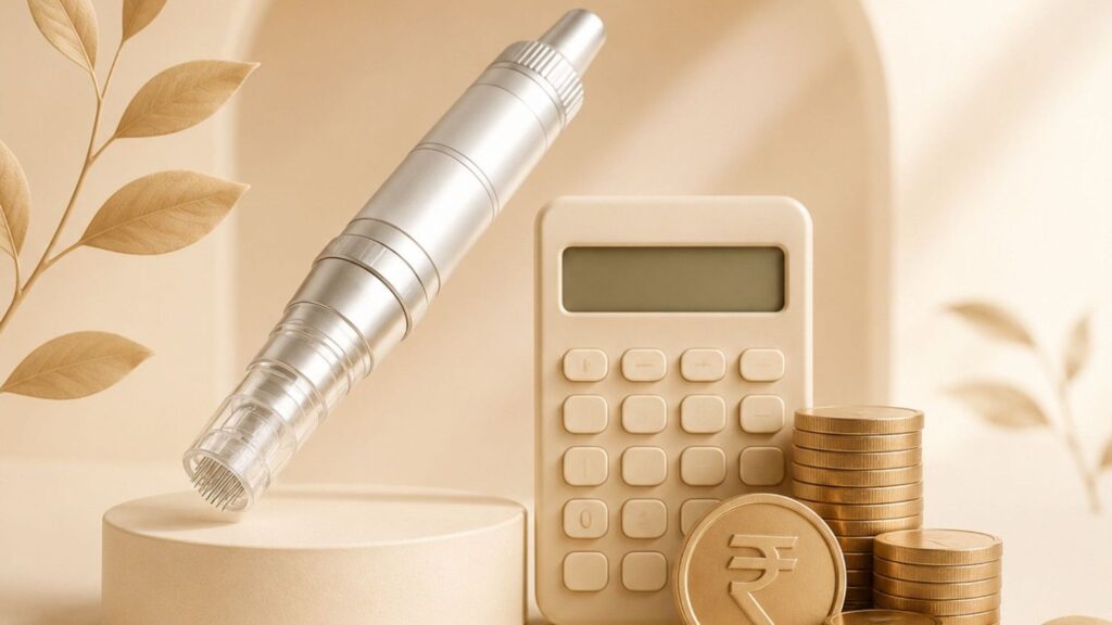Microneedling Cost concept showing microneedling device, pricing calculator, and treatment cost factors for skin rejuvenation procedures