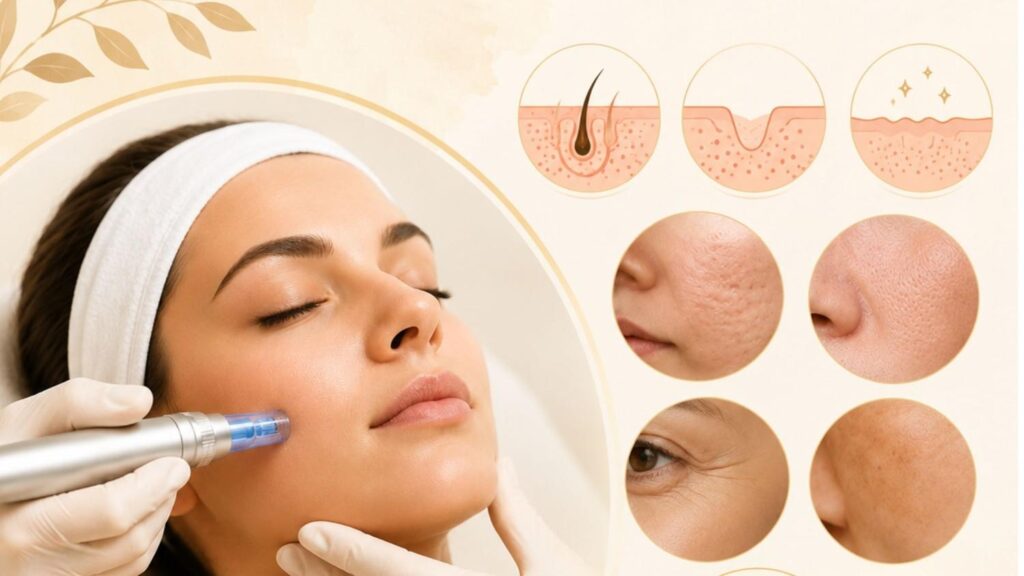 Microneedling Treatment for acne scars, skin rejuvenation, fine lines, enlarged pores, and improved skin texture