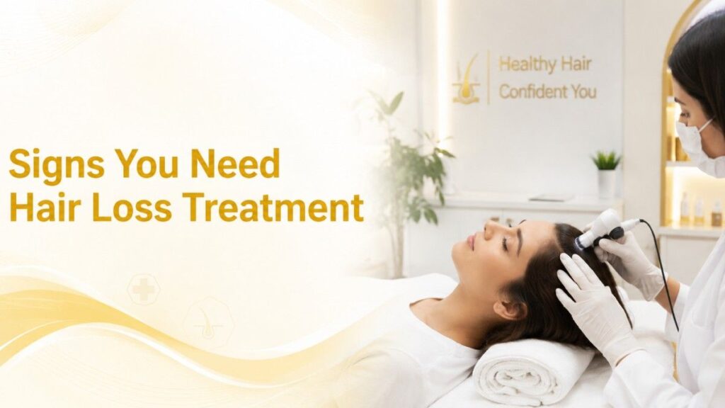Signs You Need Hair Loss Treatment – A professional scalp examination in a modern dermatology clinic, showing a healthcare specialist assessing a woman's hair and scalp as part of hair loss treatment evaluation.