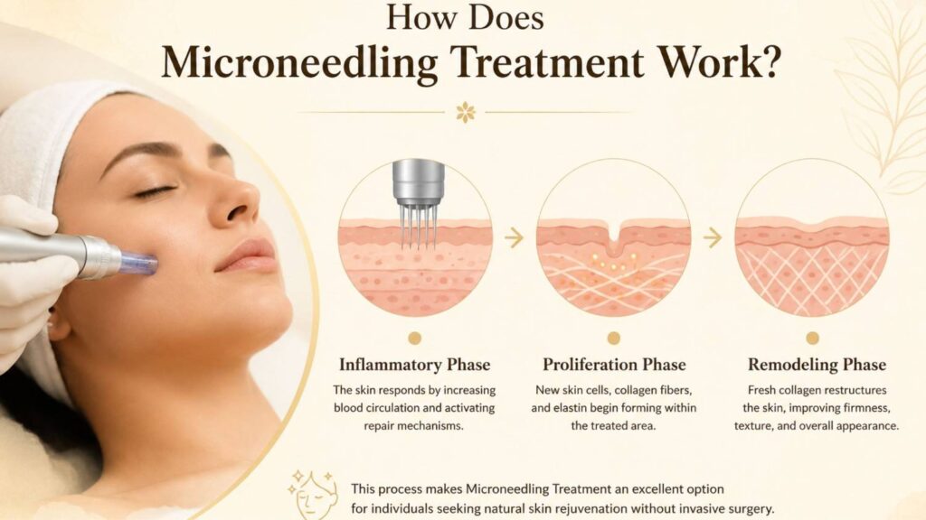 Microneedling Treatment process showing inflammatory, proliferation, and remodeling phases of collagen induction therapy for skin rejuvenation and acne scar improvement