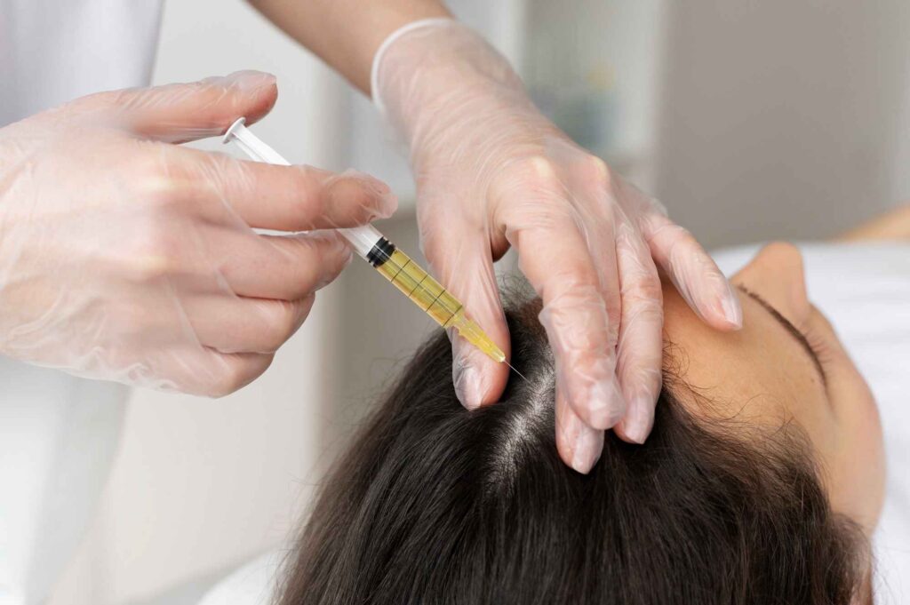 Does PRP Really Work for Hair Loss? Close-up image of a PRP hair treatment procedure showing a specialist administering platelet-rich plasma into the scalp as part of a hair restoration therapy.