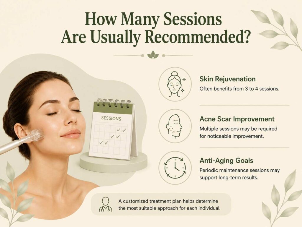 How Many Sessions Are Usually Recommended for Microneedling showing treatment sessions for skin rejuvenation, acne scar improvement, and anti-aging goals