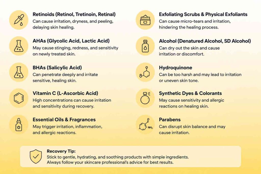 Infographic showing skincare ingredients to avoid during microneedling recovery, including retinoids, AHAs, BHAs, vitamin C, alcohol, hydroquinone, exfoliating scrubs, fragrances, synthetic dyes, and parabens