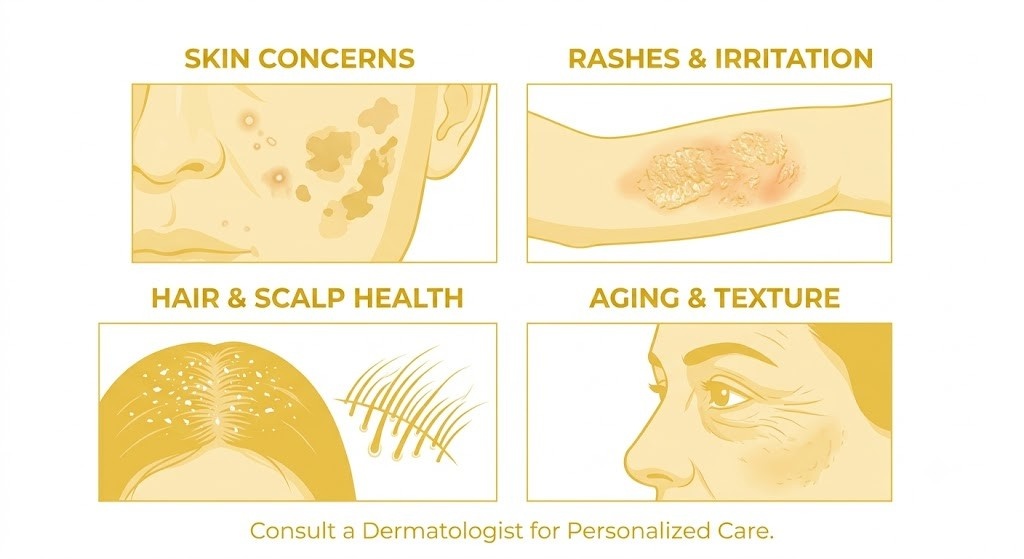Simple medical infographic highlighting common dermatology concerns. The design includes four illustrated sections showing facial pigmentation and acne, skin rashes, dandruff and hair fall, and wrinkles with skin aging. A footer encourages consulting a dermatologist for personalized care.