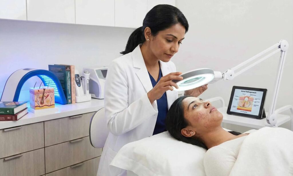 Trusted Skin Care Clinic consultation with a dermatologist examining a patient's acne-prone skin using a magnifying examination lamp in a modern dermatology clinic.
