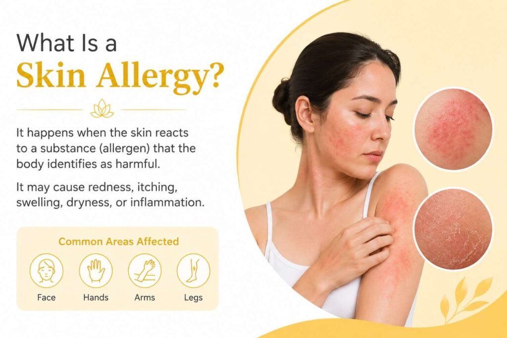 Educational infographic explaining skin allergy with an illustration of a person experiencing redness and irritation on the face and arm. The design highlights common allergy symptoms and shows frequently affected areas such as the face, hands, arms, and legs.
