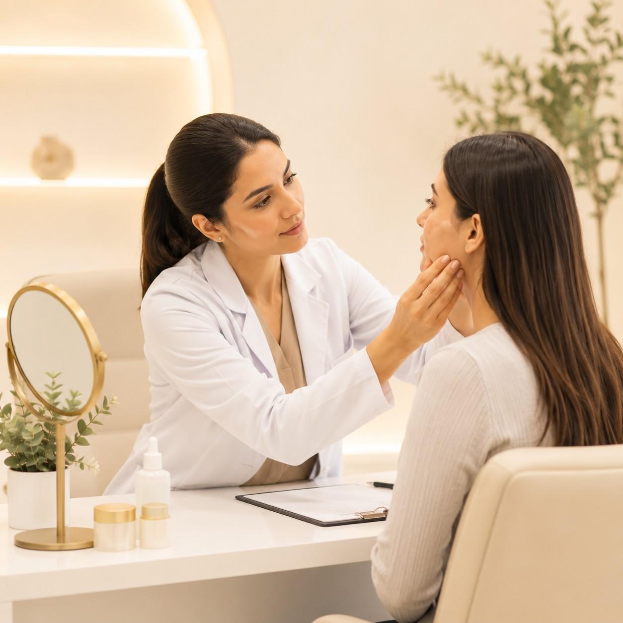 Dermatologist examining a patient's skin for acne marks and pigmentation treatment in a premium clinic setting