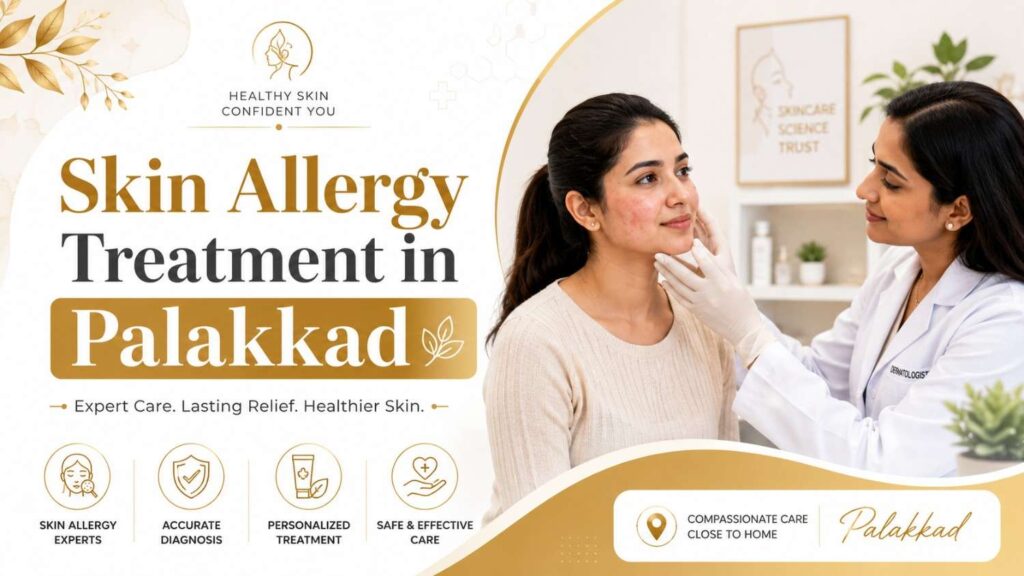 Skin allergy treatment in Palakkad featured image showing a dermatologist examining a patient with mild skin irritation.