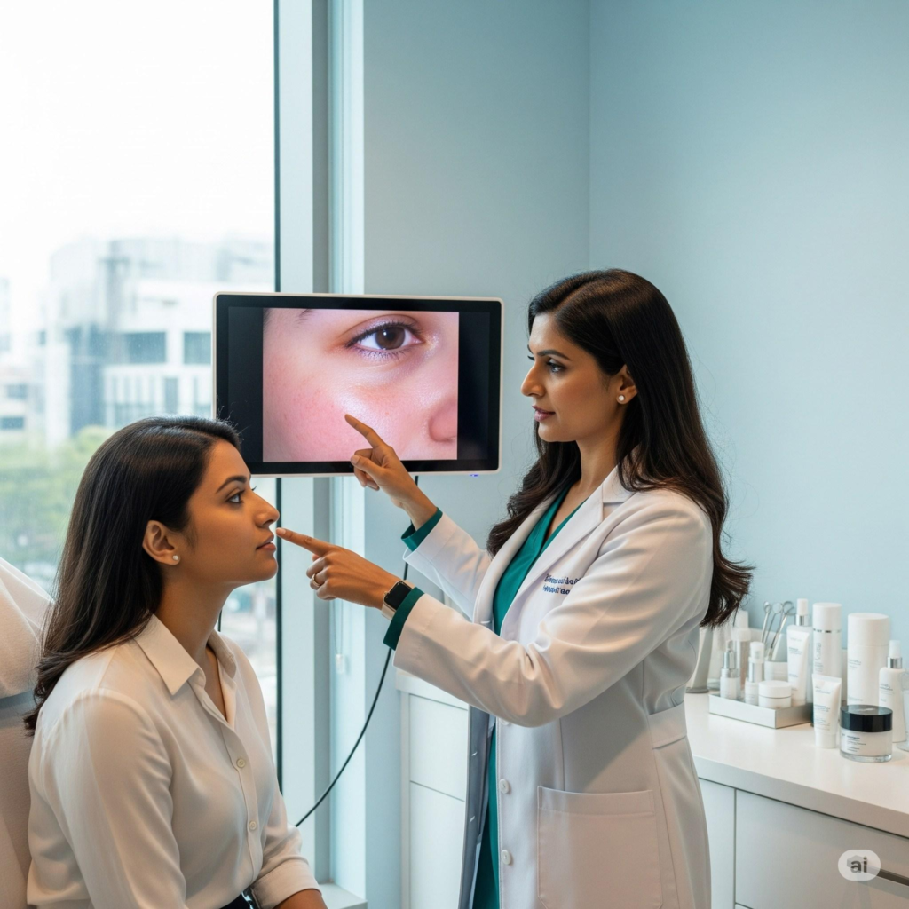 Skin Specialist Consultation in Palakkad with a dermatologist performing digital facial skin analysis and explaining personalized treatment options.