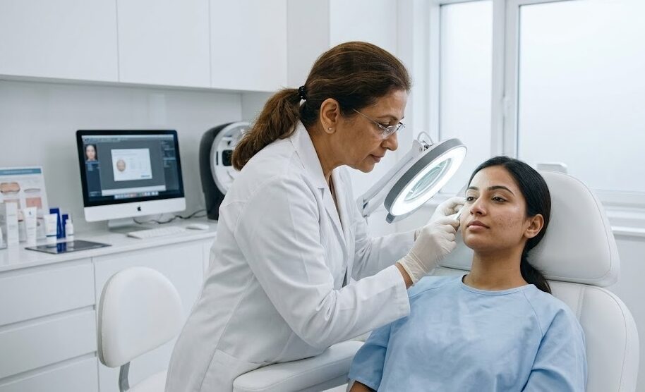 Skin Specialist Consultation in Palakkad with a dermatologist performing a detailed facial skin consultation in a modern dermatology clinic.