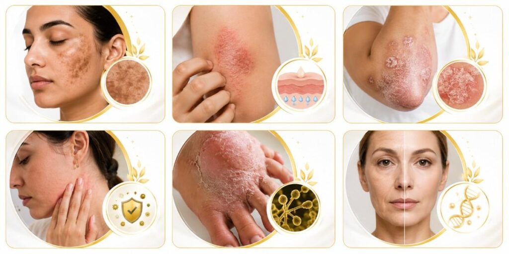 Skin Specialist Consultation in Palakkad illustration featuring common skin concerns, including pigmentation disorders, eczema, psoriasis, skin allergies, fungal skin infections, and skin ageing.