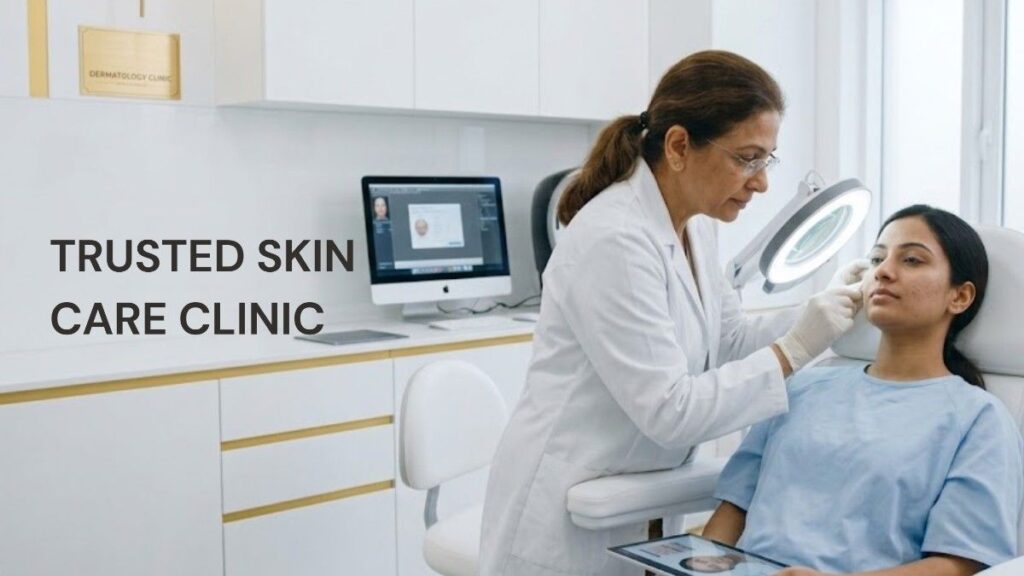 Trusted Skin Care Clinic banner featuring a dermatologist consulting a patient in a modern dermatology clinic for personalized skin care.