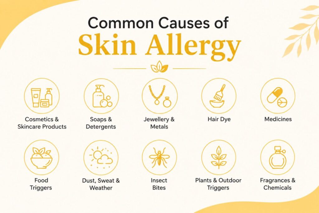 Educational infographic illustrating the common causes of skin allergy using simple icons. The graphic highlights cosmetics and skincare products, soaps and detergents, jewellery and metals, hair dye, medicines, food triggers, dust and weather, insect bites, plants, and fragrances or chemicals.