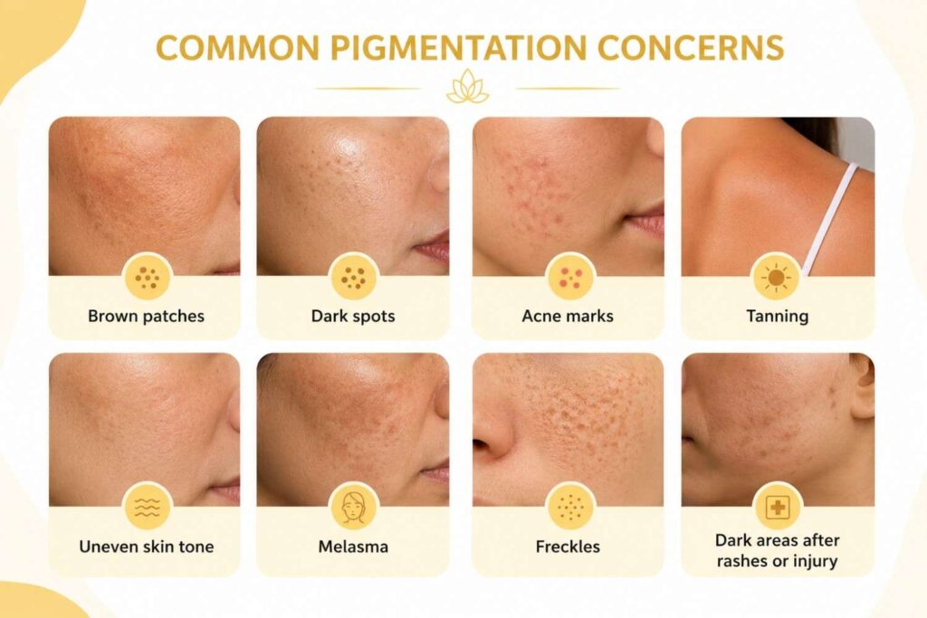 Educational infographic illustrating common pigmentation concerns with example images of brown patches, dark spots, acne marks, tanning, uneven skin tone, melasma, freckles, and dark areas that develop after rashes or skin injury.