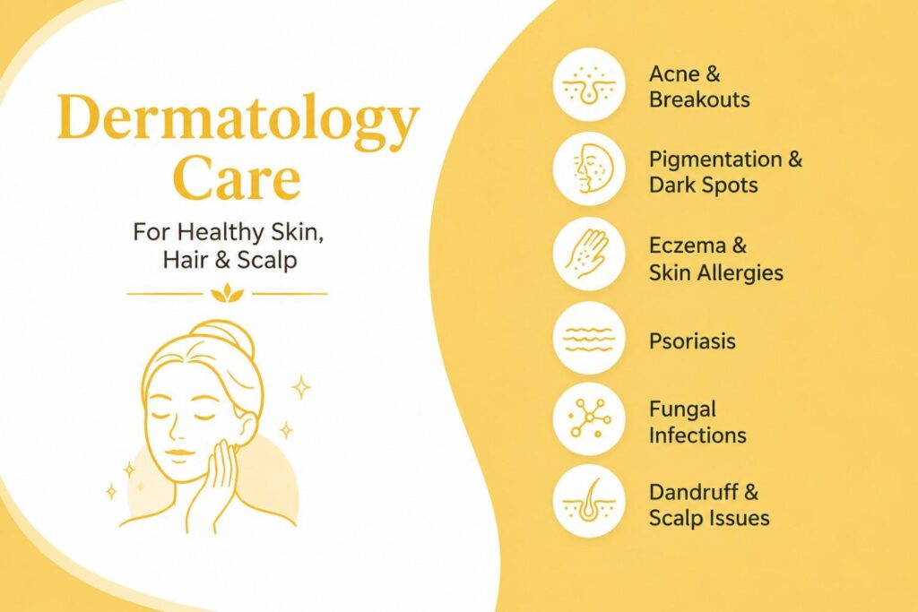 Minimal dermatology infographic highlighting common skin and scalp conditions. The design features an illustration of a woman with healthy skin alongside icons representing acne and breakouts, pigmentation and dark spots, eczema and skin allergies, psoriasis, fungal infections, and dandruff with scalp issues.