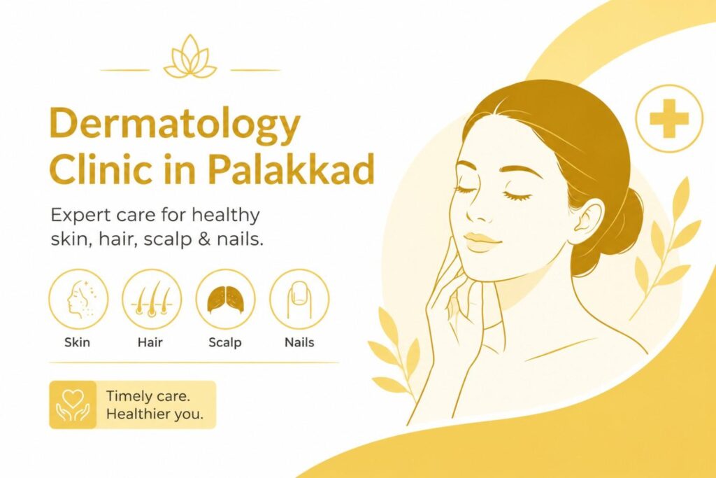 Promotional dermatology clinic banner featuring a minimal illustration of a woman with healthy skin alongside icons representing skin, hair, scalp, and nail care. The design emphasizes comprehensive dermatology services in a clean white and gold theme.