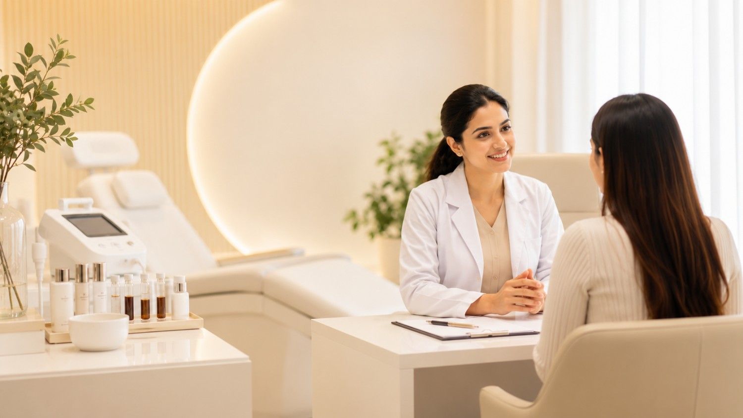 Dermatologist consulting a patient about acne marks and pigmentation treatment in a modern, premium clinic setting