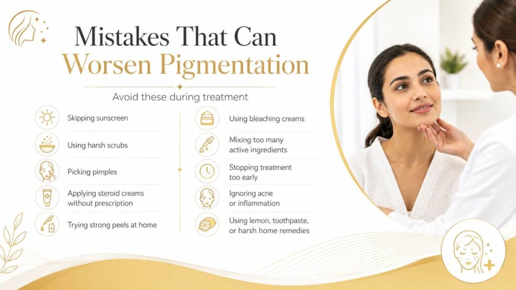 Mistakes that can worsen pigmentation during treatment, including skipping sunscreen, harsh scrubs, picking pimples, and using bleaching creams.