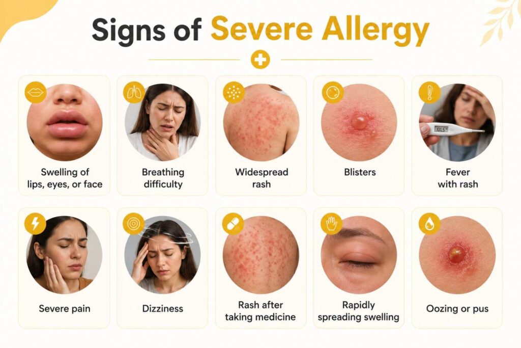 Medical infographic highlighting warning signs of a severe skin allergy. The graphic illustrates symptoms including swelling of the lips, eyes, or face, breathing difficulty, widespread rash, blisters, fever with rash, severe pain, dizziness, rash after taking medicine, rapidly spreading swelling, and oozing or pus.