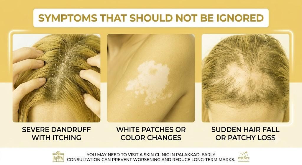 Medical infographic titled "Symptoms That Should Not Be Ignored" featuring three common dermatological concerns: severe dandruff with itching, white patches or skin color changes, and sudden hair fall with patchy hair loss. The infographic encourages early consultation with a skin specialist.